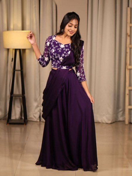 Purple Floral Embroidered Peplum Lehenga Set Ready to Wear Festive Elegance Sarees 