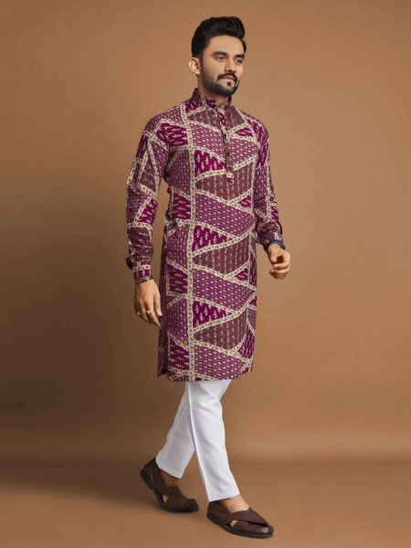 Purple Foil Print Long Kurta Pajama Exclusive Mens Collection Kurta Pajama Wholesale