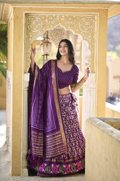 Purple Foil Printed Tussar Silk Flared Style Chaniya Choli Navratri Lehnega Choli