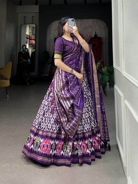 Purple Foil Printed Tussar Silk Flared Style Chaniya Choli Navratri Lehnega Choli
