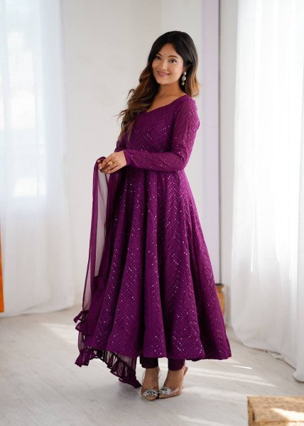 Purple Fox Georgette Embroidered Anarkali Dress with Dupatta Bulk Order for Resellers Diwali Collection