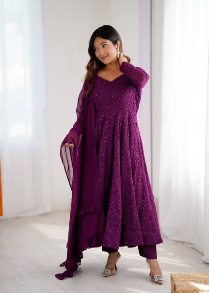 Purple Fox Georgette Embroidered Anarkali Dress with Dupatta Bulk Order for Resellers Diwali Collection