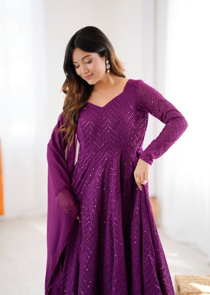 Purple Fox Georgette Embroidered Anarkali Dress with Dupatta Bulk Order for Resellers Diwali Collection