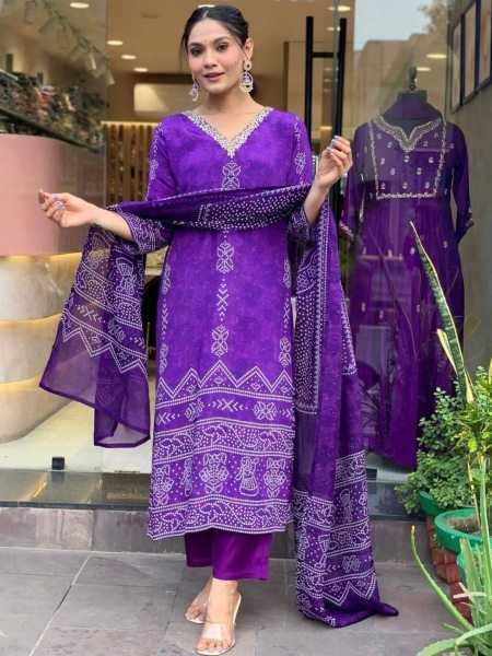 Purple Color Pure Cotton Printed Kurti Set At Wholesale Rate 3 Piece Kurti Set