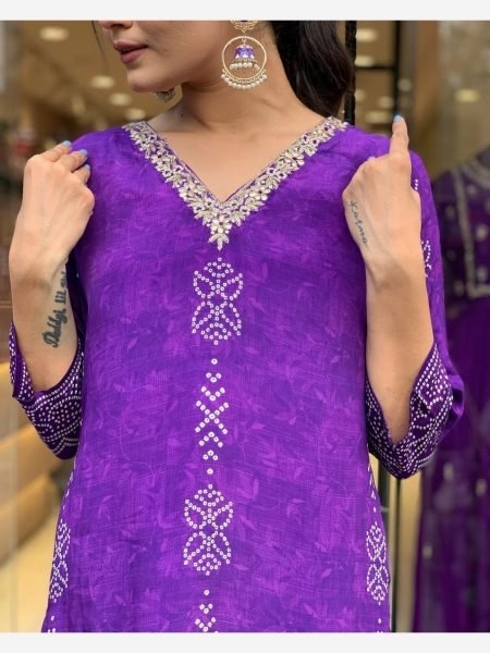 Purple Color Pure Cotton Printed Kurti Set At Wholesale Rate 3 Piece Kurti Set