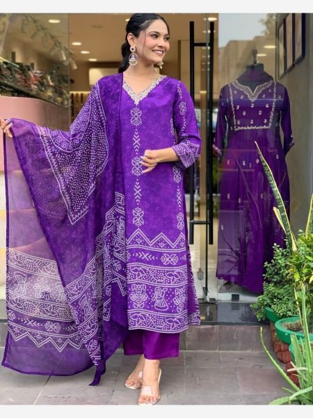 Purple Color Pure Cotton Printed Kurti Set At Wholesale Rate 3 Piece Kurti Set