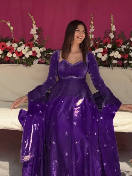 Purple Fully Stitched Anarkali Set with Micro Cotton for Wedding Wear Georgette Kurti 