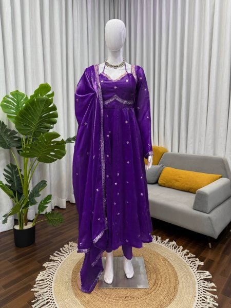 Purple Fully Stitched Anarkali Set with Micro Cotton for Wedding Wear Georgette Kurti 