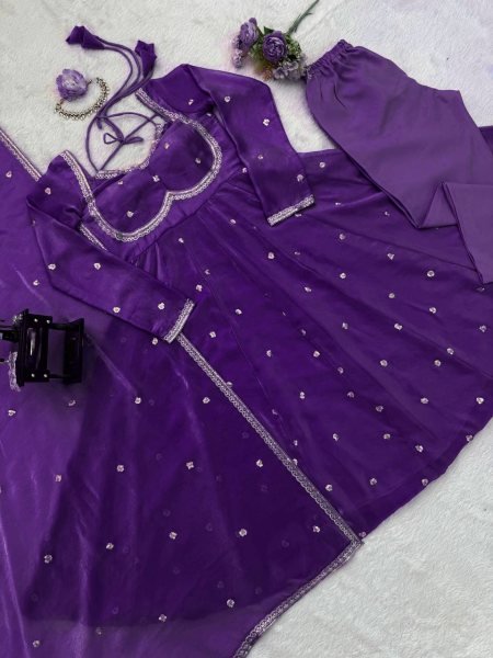 Purple Fully Stitched Anarkali Set with Micro Cotton for Wedding Wear Georgette Kurti 