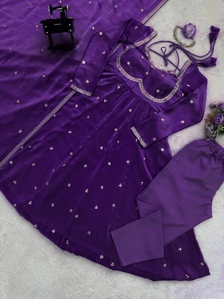 Purple Fully Stitched Anarkali Set with Micro Cotton for Wedding Wear Georgette Kurti 