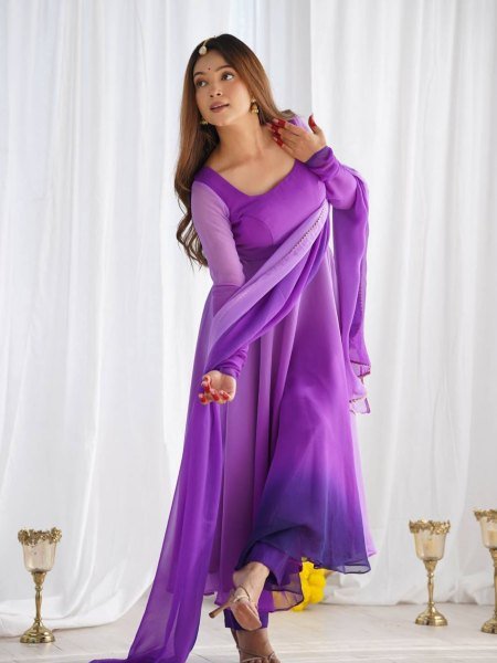Purple Georgette Anarkali Suit with Colorful Padded Work Festive Collection Kurtis