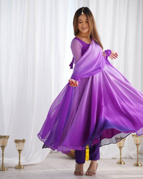 Purple Georgette Anarkali Suit with Colorful Padded Work Festive Collection Anarkali Kurtis 
