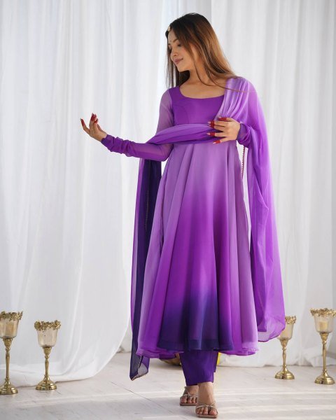 Purple Georgette Anarkali Suit with Colorful Padded Work Festive Collection Anarkali Kurtis 