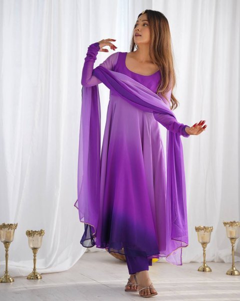 Purple Georgette Anarkali Suit with Colorful Padded Work Festive Collection Anarkali Kurtis 