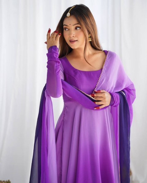 Purple Georgette Anarkali Suit with Colorful Padded Work Festive Collection Anarkali Kurtis 