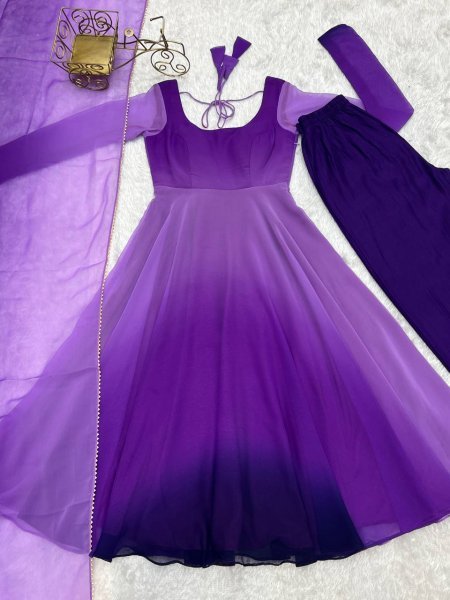 Purple Georgette Anarkali Suit with Colorful Padded Work Festive Collection Anarkali Kurtis 