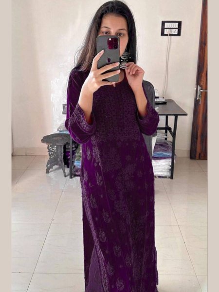 Purple Georgette Embroidered Kurti Pant Set with Dupatta Stylish Festive Wear Outfit Lucknowi Chikankari Kurtis Wholesale
