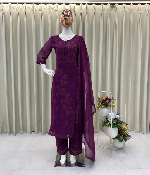 Purple Georgette Embroidered Kurti Pant Set with Dupatta Stylish Festive Wear Outfit Lucknowi Chikankari Kurtis Wholesale