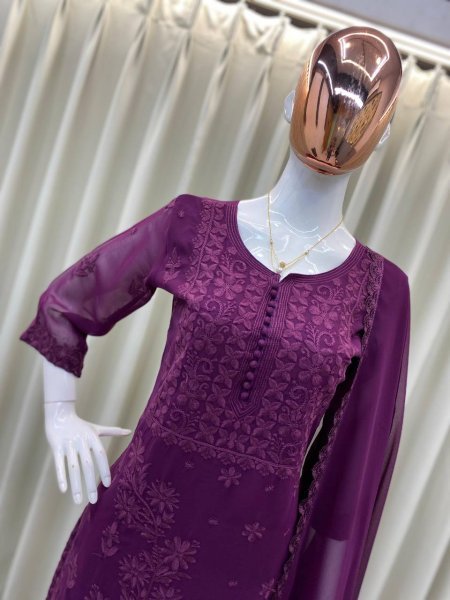 Purple Georgette Embroidered Kurti Pant Set with Dupatta Stylish Festive Wear Outfit Lucknowi Chikankari Kurtis Wholesale