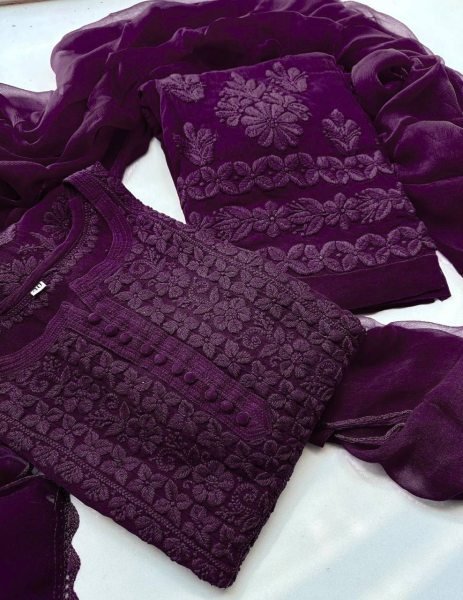 Purple Georgette Embroidered Kurti Pant Set with Dupatta Stylish Festive Wear Outfit Lucknowi Chikankari Kurtis Wholesale