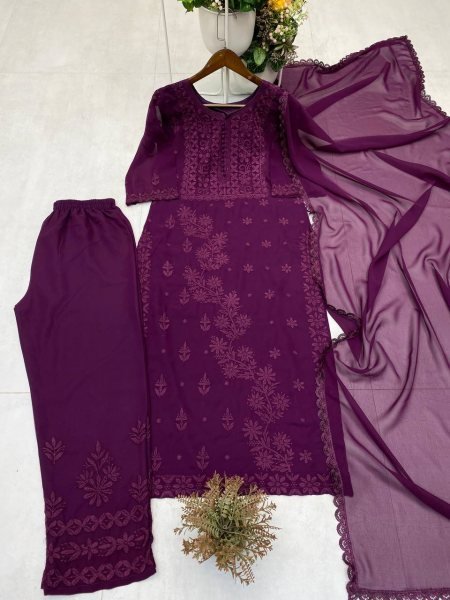 Purple Georgette Embroidered Kurti Pant Set with Dupatta Stylish Festive Wear Outfit Lucknowi Chikankari Kurtis Wholesale