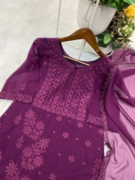 Purple Georgette Embroidered Kurti Pant Set with Dupatta Stylish Festive Wear Outfit Lucknowi Chikankari Kurtis Wholesale