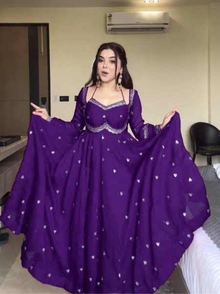 Purple Georgette Embroidery Anarkali Suit Set with Dupatta Ready to Wear for Celebrations