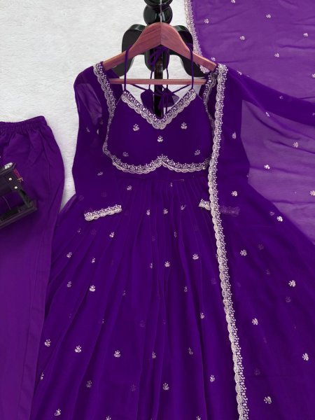 Purple Georgette Embroidery Anarkali Suit Set with Dupatta Ready to Wear for Celebrations Ready To Wear Collection