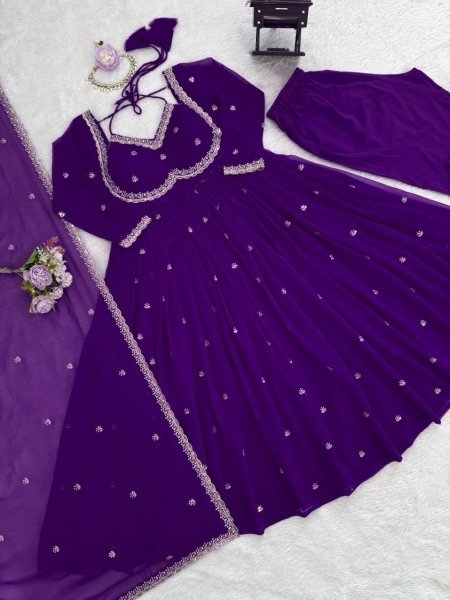 Purple Georgette Embroidery Anarkali Suit Set with Dupatta Ready to Wear for Celebrations Ready To Wear Collection