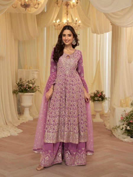 Purple Georgette Palazzo Salwar Suit with Embroidered Net Dupatta for Festive Occasions Salwar Kameez
