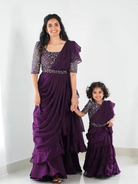 Purple Georgette Ruffle Saree Gown with Sequin Blouse Mom and Daughter Combo for Weddings Kurtis