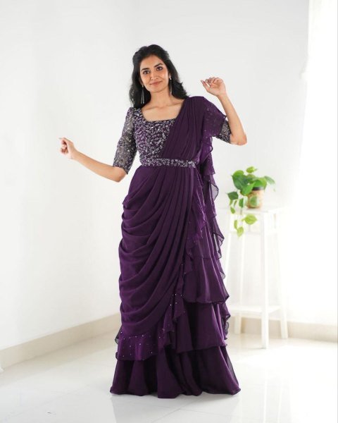 Purple Georgette Ruffle Saree Gown with Sequin Blouse Mom and Daughter Combo for Weddings Mom-Doughter Collection