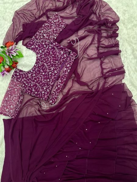 Purple Georgette Ruffle Saree Gown with Sequin Blouse Mom and Daughter Combo for Weddings Mom-Doughter Collection