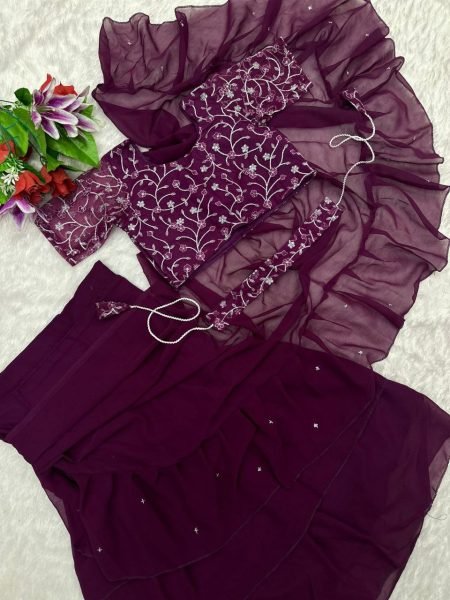 Purple Georgette Ruffle Saree Gown with Sequin Blouse Mom and Daughter Combo for Weddings Mom-Doughter Collection