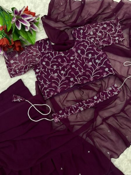Purple Georgette Ruffle Saree Gown with Sequin Blouse Mom and Daughter Combo for Weddings Mom-Doughter Collection