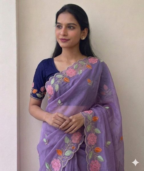 Purple Georgette Saree with Flower Embroidery and Contrast Blouse for Wedding Wear Embroidery Sarees Wholesale