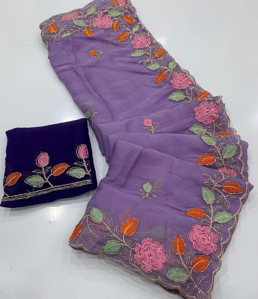 Purple Georgette Saree with Flower Embroidery and Contrast Blouse for Wedding Wear Embroidery Sarees Wholesale