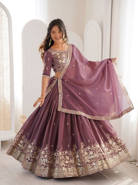 Purple Georgette Sequence Embroidery Lehenga with Scalloped Border  Lehenga