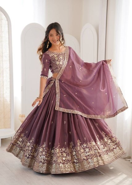 Purple Georgette Sequence Embroidery Lehenga with Scalloped Border Designer Lehenga Choli