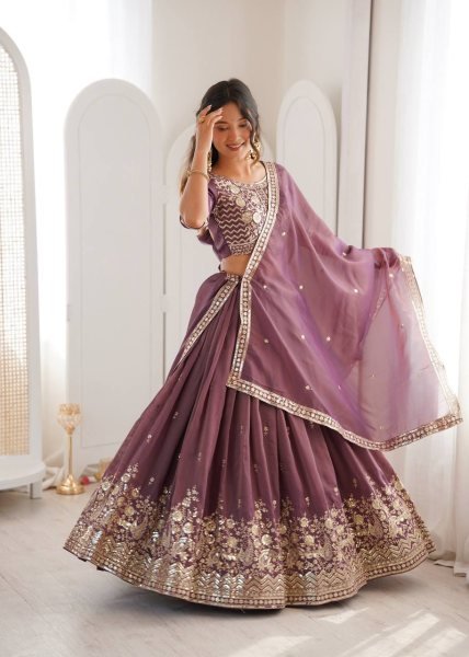 Purple Georgette Sequence Embroidery Lehenga with Scalloped Border Designer Lehenga Choli