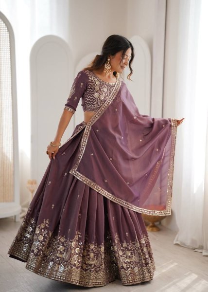 Purple Georgette Sequence Embroidery Lehenga with Scalloped Border Designer Lehenga Choli