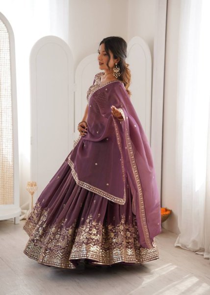 Purple Georgette Sequence Embroidery Lehenga with Scalloped Border Designer Lehenga Choli