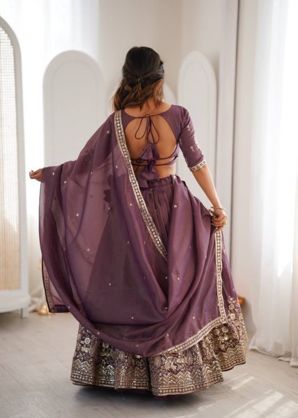 Purple Georgette Sequence Embroidery Lehenga with Scalloped Border Designer Lehenga Choli