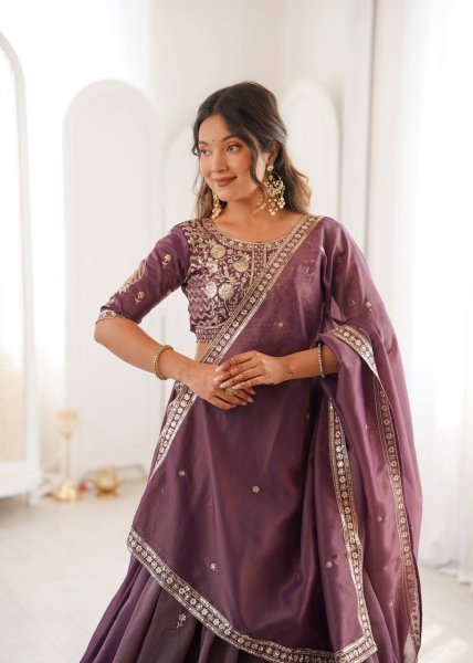 Purple Georgette Sequence Embroidery Lehenga with Scalloped Border Designer Lehenga Choli