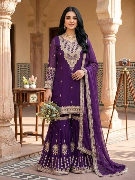 Purple Georgette Sharara Suit Set with Sequence Embroidery for Women Ready To Wear Suit