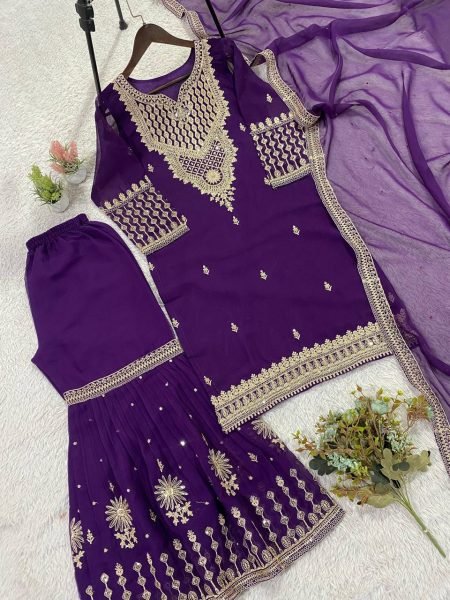 Purple Georgette Sharara Suit Set with Sequence Embroidery for Women Ready To Wear Collection