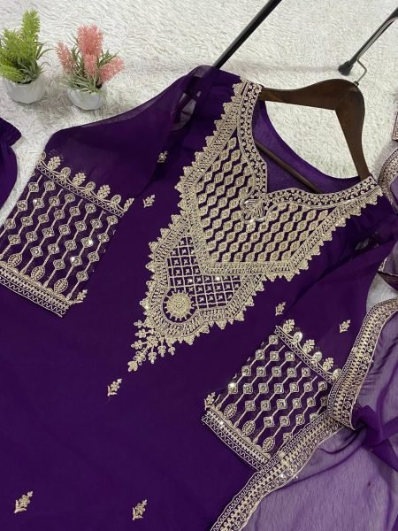 Purple Georgette Sharara Suit Set with Sequence Embroidery for Women Ready To Wear Collection
