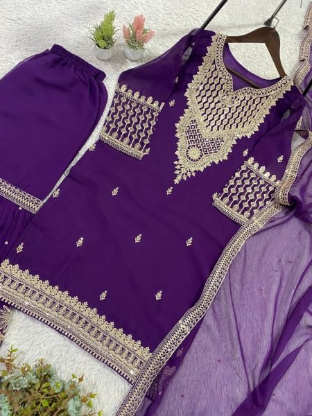 Purple Georgette Sharara Suit Set with Sequence Embroidery for Women Ready To Wear Collection