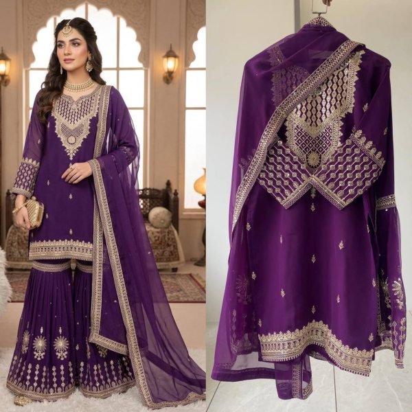 Purple Georgette Sharara Suit Set with Sequence Embroidery for Women Ready To Wear Collection
