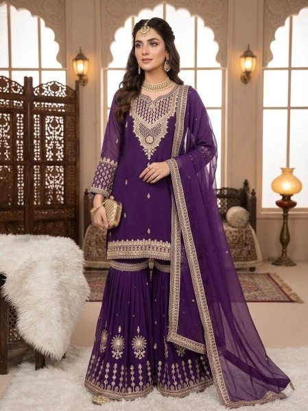 Purple Georgette Sharara Suit Set with Sequence Embroidery for Women Ready To Wear Collection